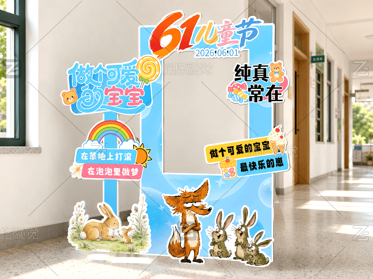 六一儿童节卡通动物主题拍照导视装置设计效果图